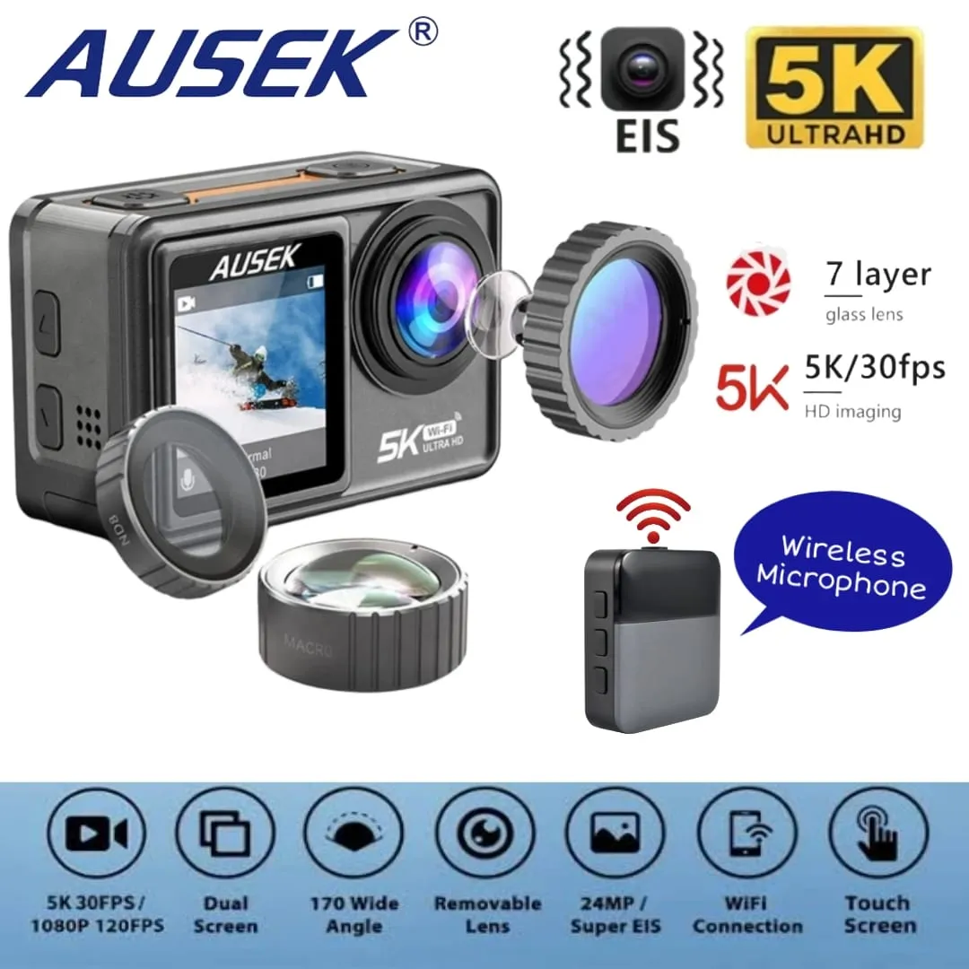 Wireless Microphone Supported Ausek AT-S81TR Waterproof 5K Dual Display WiFi Action Camera Dual Touch Screen - Combo Pack (Dual Battery, Charger, Microphone, Remote) with 6month Warranty