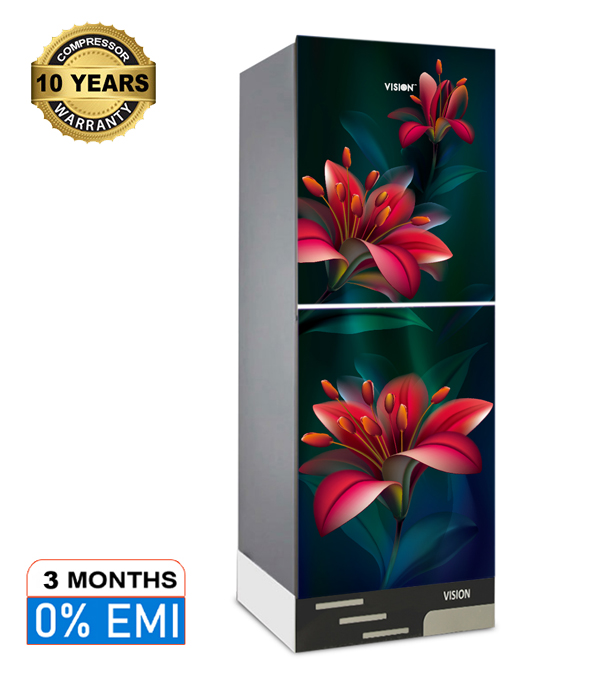 VISION Glass Door Refrigerator RE-150 Liter Red Lotus Lily Top Mount