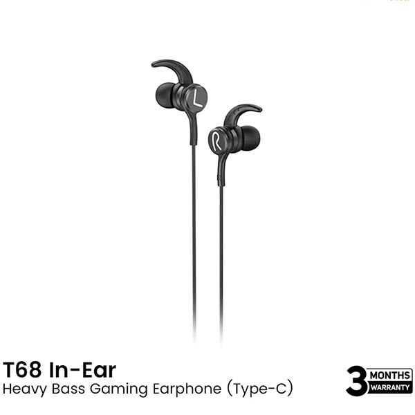 FONENG T68 In-Ear Type-C Heavy Bass Gaming Wired Earphone- Black